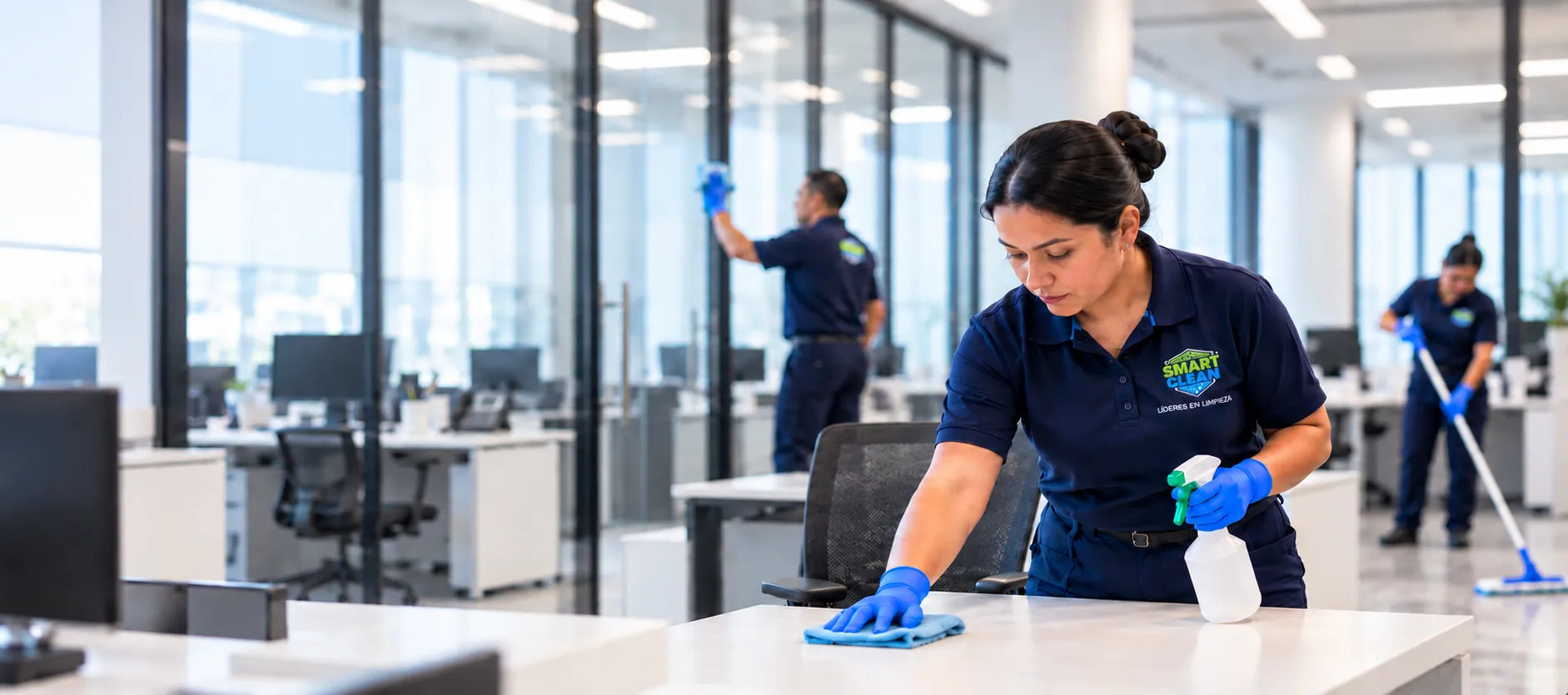 Personal de Smart Clean realizando limpieza profesional en oficinas corporativas